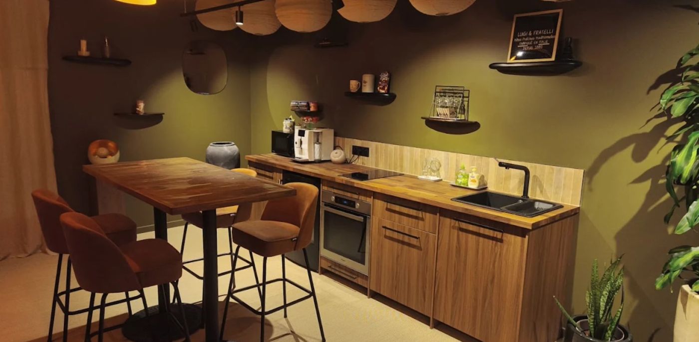 L’espace cuisine et détente de la salle de l’atelier